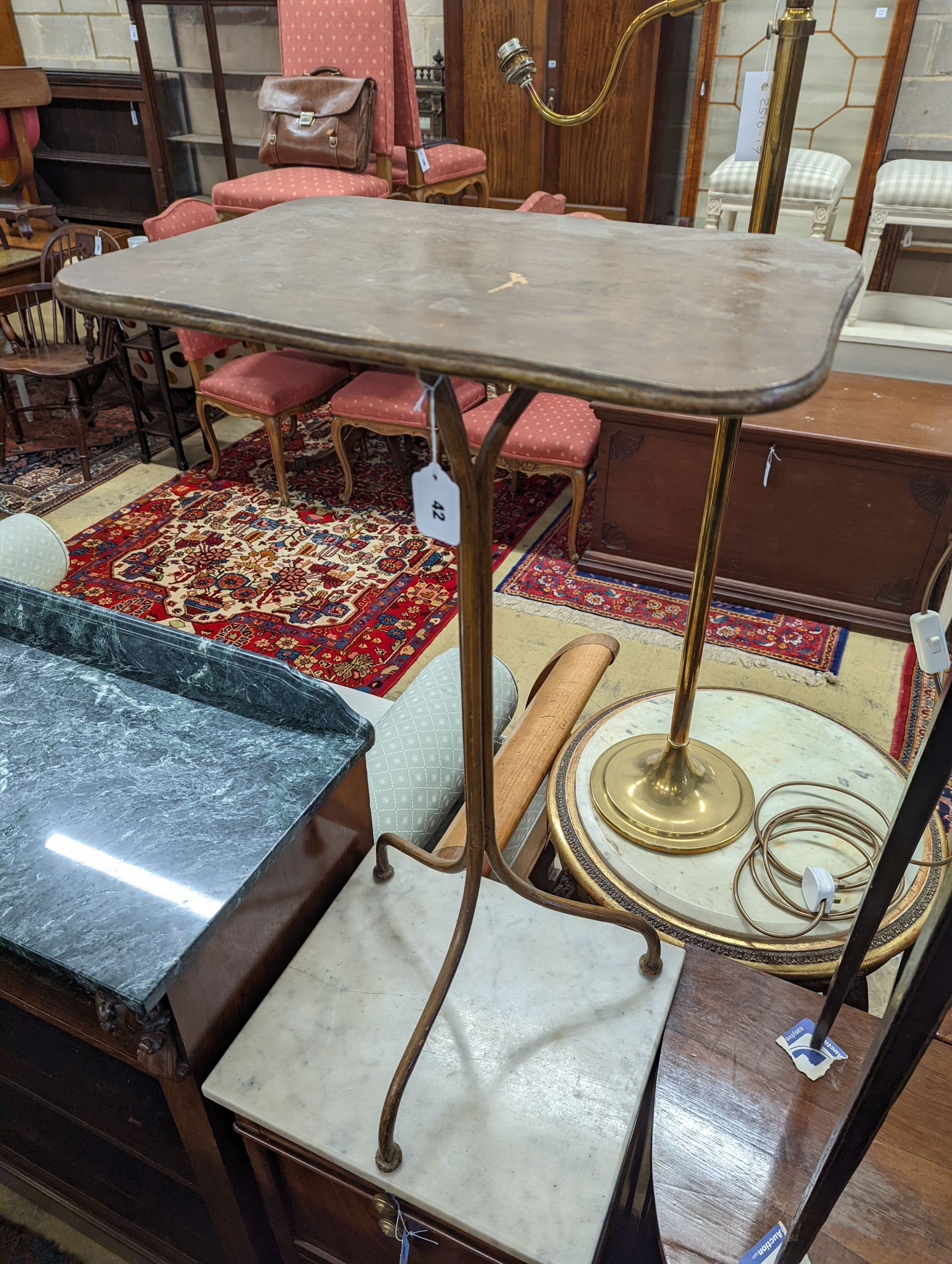 An early 20th century rectangular wrought iron tripod wine table with painted grain, width 44cm, depth 32cm, height 78cm